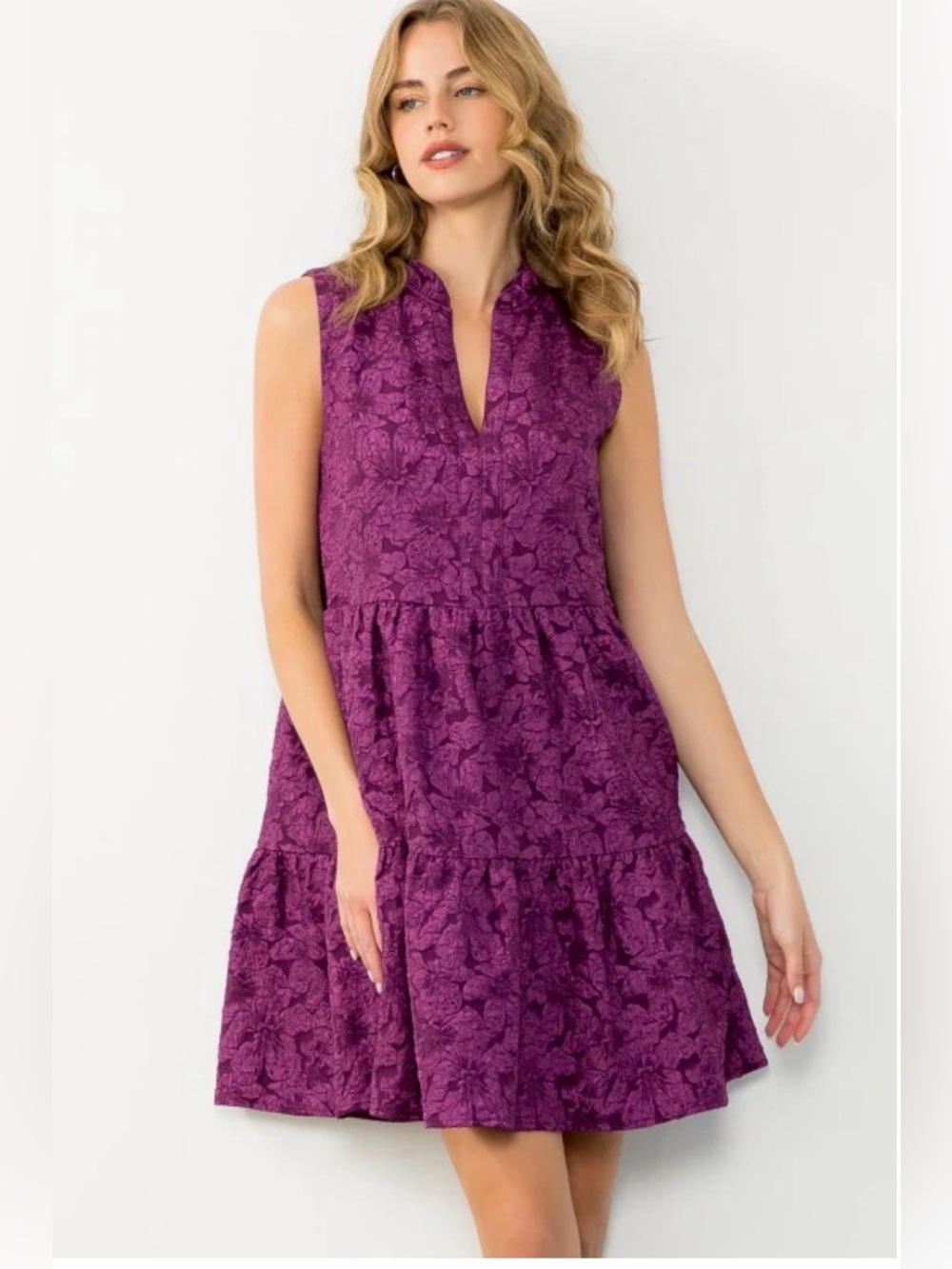 THML Joselyn Dress Medium Jacquard Textured  Tiered Purple Medium Mini New